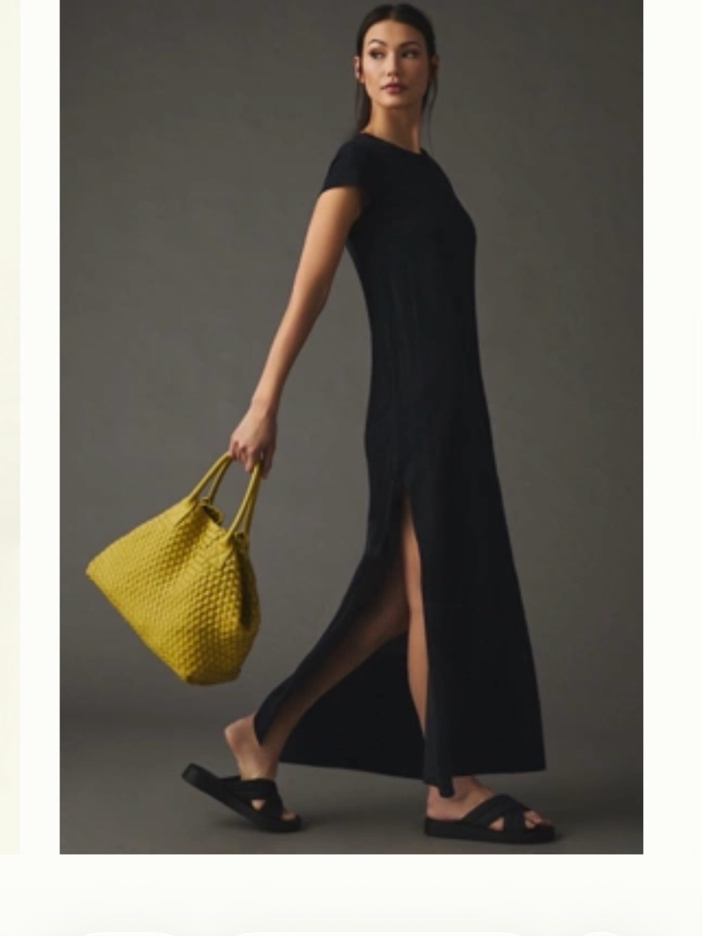 Anthropologie Black Short-Sleeve Maxi Dress with Side Slit